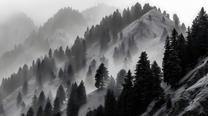Mist Over Mountain Pines - Monochrome Landscape Art Prints