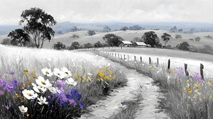 Flowers By The Fence - Country Floral Landscape Art Prints