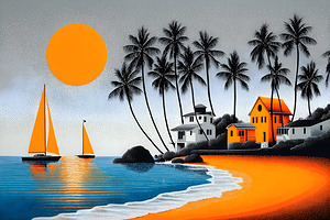 Orange Sun Harbor - Tropical Modern Print