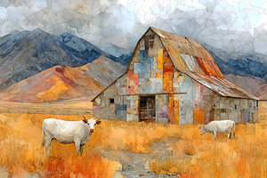 Mosaic Barn & Two White Cows – Farmhouse Landscape Art Print