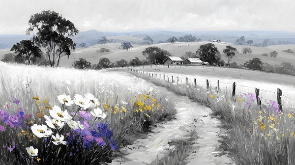 Flowers By The Fence - Country Floral Landscape Art Prints Print