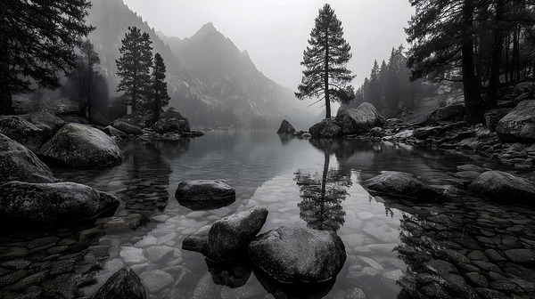 Still Water And Stones - Monochrome Landscape Art Prints Print