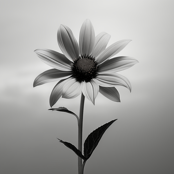 Solitary Grace – Monochrome Sunflower Portrait Print Print