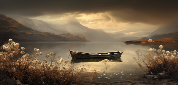 Silent Passage – Golden Boat Landscape Print Print