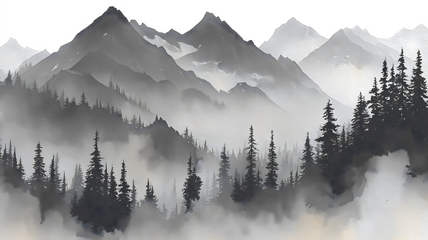 Misty Mountain Pines - Monochrome Landscape Art Prints Print