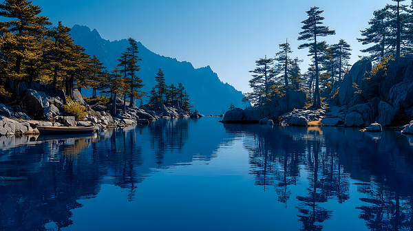 Stillness Between The Pines - Mountain Lake Landscape Art Prints Print