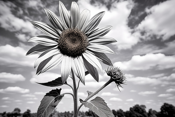 Skyward – Monochrome Sunflower Landscape Print Print