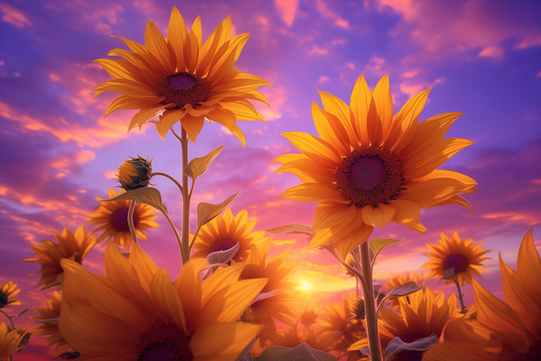 Skyscape Sunflowers – Purple Sunset Botanical Print Print