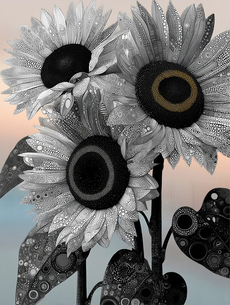 Ink & Ivory Sunflowers – Black & White Floral Art Print Print