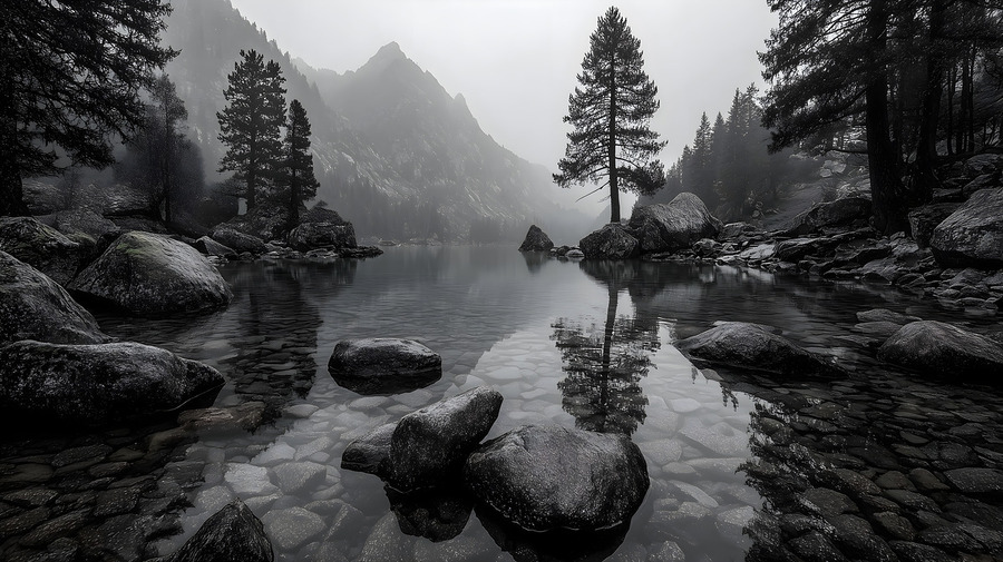 Still Water And Stones - Monochrome Landscape Art Prints  Print