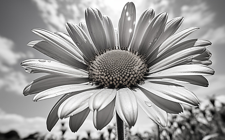 Sky Whisper – Monochrome Daisy Under Clouds  Print