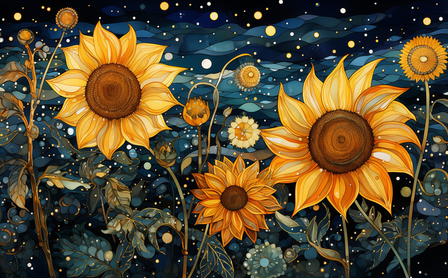 Starry Night Sunflowers – Van Gogh-Inspired Floral Art Print  Print