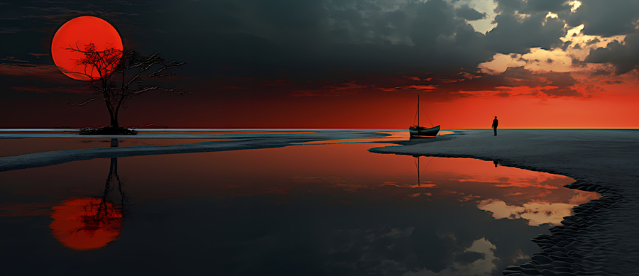 Scarlet Sun Lake – Minimalist Sunset Reflection Print  Print