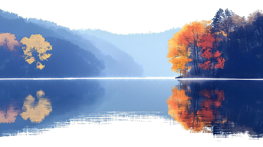 Blue Haze – Misty Lake Reflection Print  Print