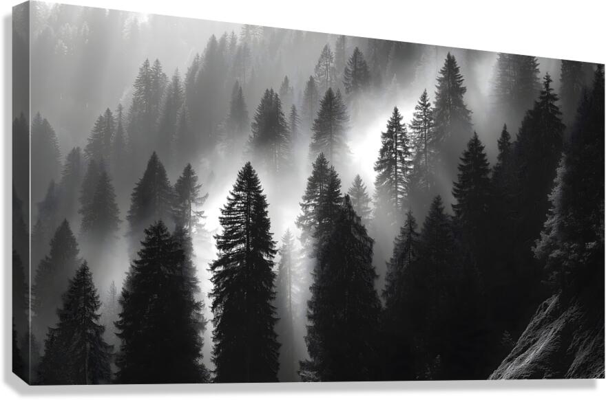 Misty Pine Hillside - Monochrome Landscape Art Prints Canvas Print