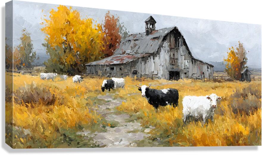 Autumn Barn with Grazing Cows – Farmhouse Landscape Art Print Canvas Print