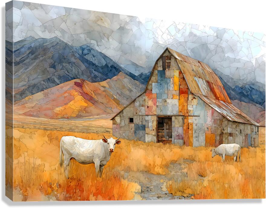 Mosaic Barn & Two White Cows – Farmhouse Landscape Art Print Canvas Print