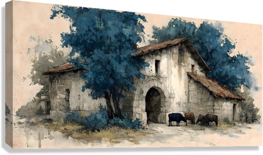 Cows by the Stone Arch – Farmhouse Landscape Art Print Canvas Print
