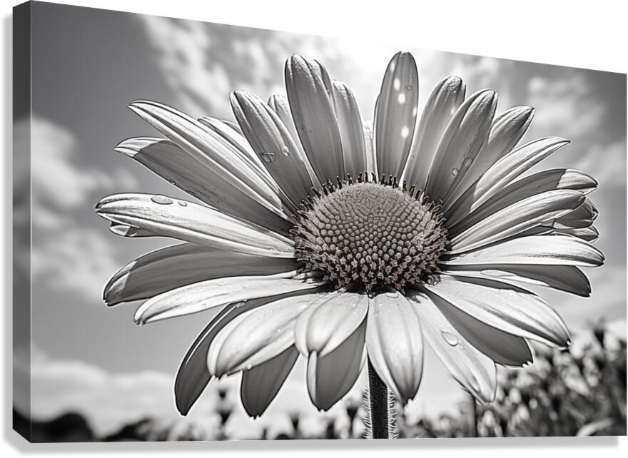 Sky Whisper – Monochrome Daisy Under Clouds Canvas Print