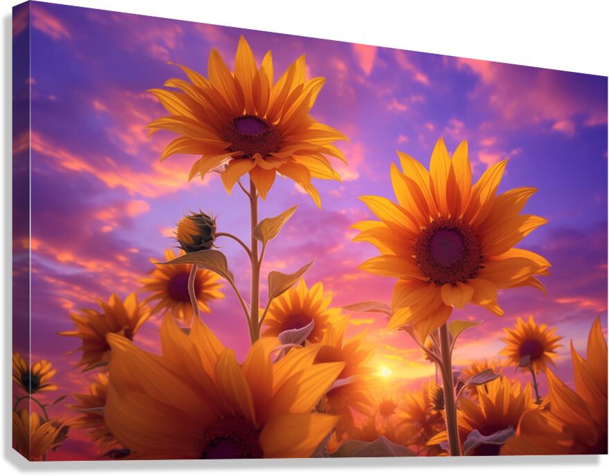 Skyscape Sunflowers – Purple Sunset Botanical Print Canvas Print