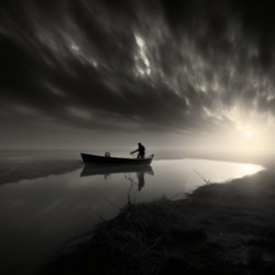 The Fisherman’s Prayer – Black and White Boat at Sea Print