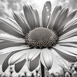 Sky Whisper – Monochrome Daisy Under Clouds