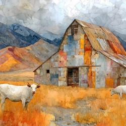 Mosaic Barn & Two White Cows – Farmhouse Landscape Art Print