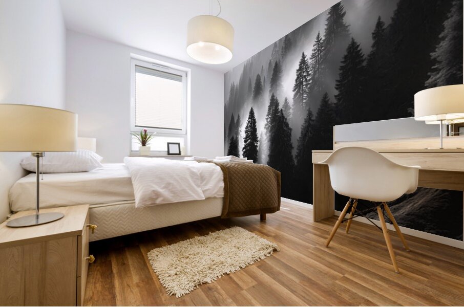 Misty Pine Hillside - Monochrome Landscape Art Prints Mural print