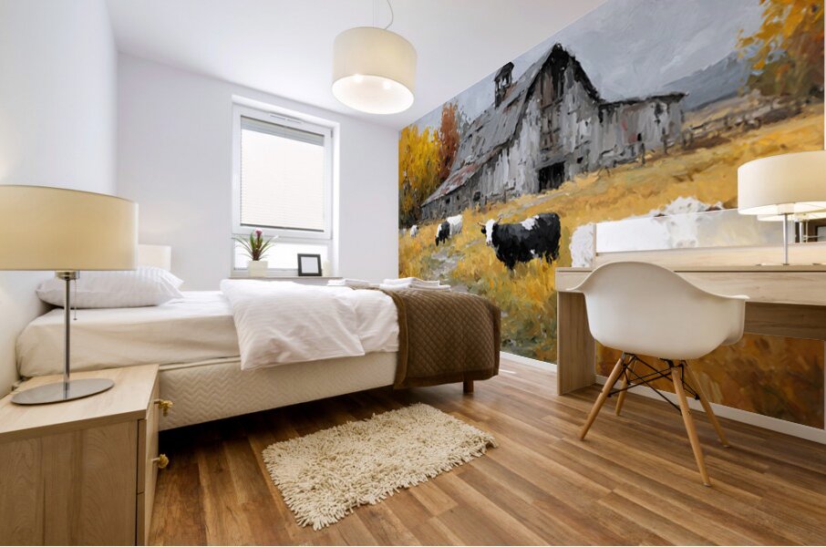 Autumn Barn with Grazing Cows – Farmhouse Landscape Art Print Mural print