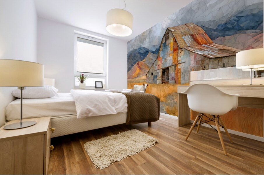 Mosaic Barn & Two White Cows – Farmhouse Landscape Art Print Mural print