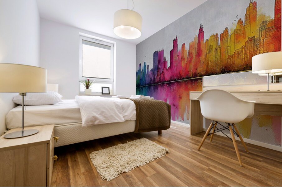 Aurora Skyline – Watercolor Cityscape Abstract Print Mural print