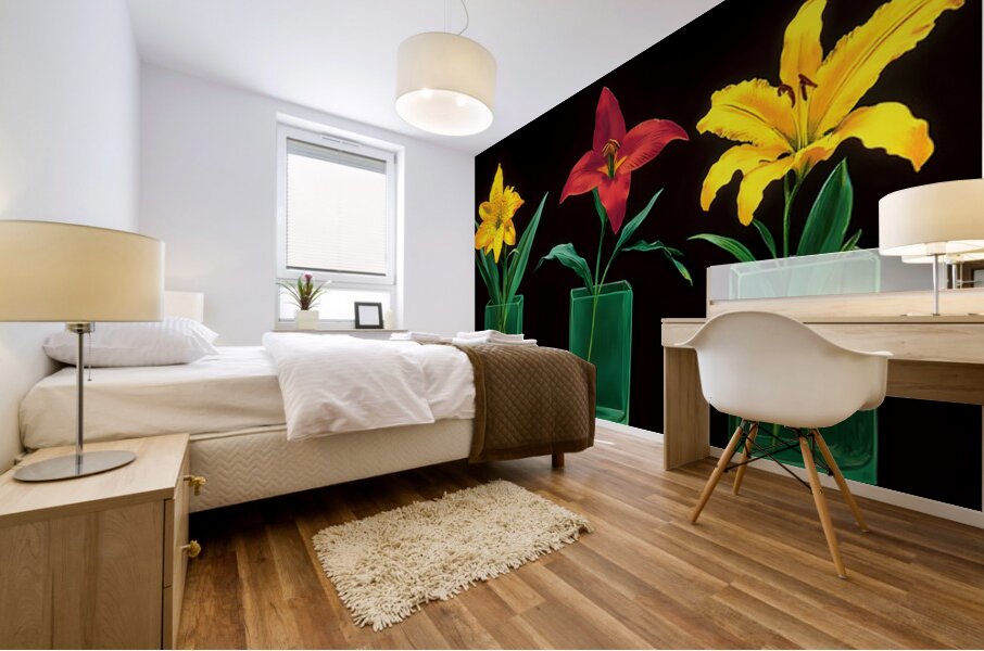 Neon Stems – Trio of Lilies on Black Print Mural print