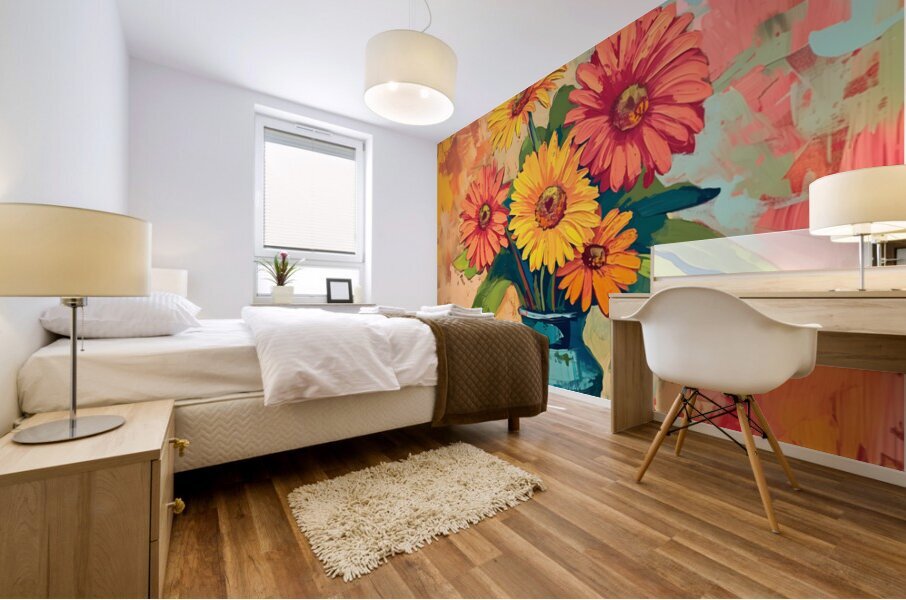 Sunburst In A Teal Vase - Sunflower Vase Art Prints Mural print