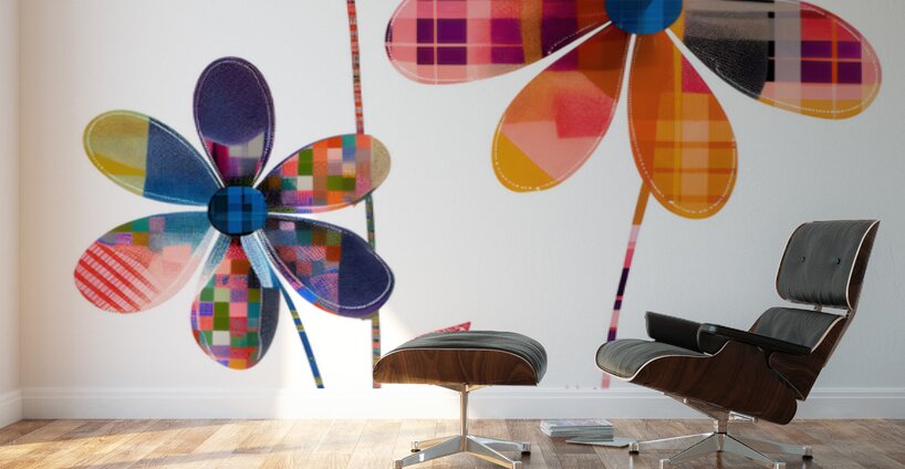 Plaid Botanica 5 - Retro Floral Art Prints Wall Murals