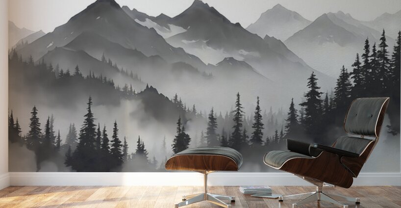Misty Mountain Pines - Monochrome Landscape Art Prints Wall Murals