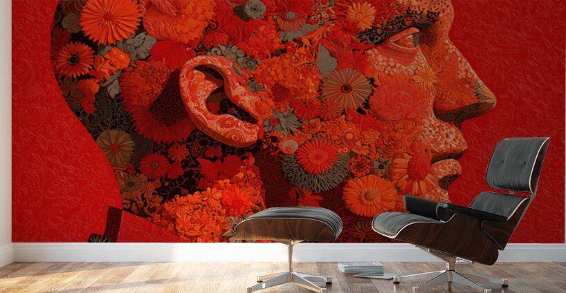 Mind in Bloom - Red Floral Mosaic Portrait Art Print Wall Murals