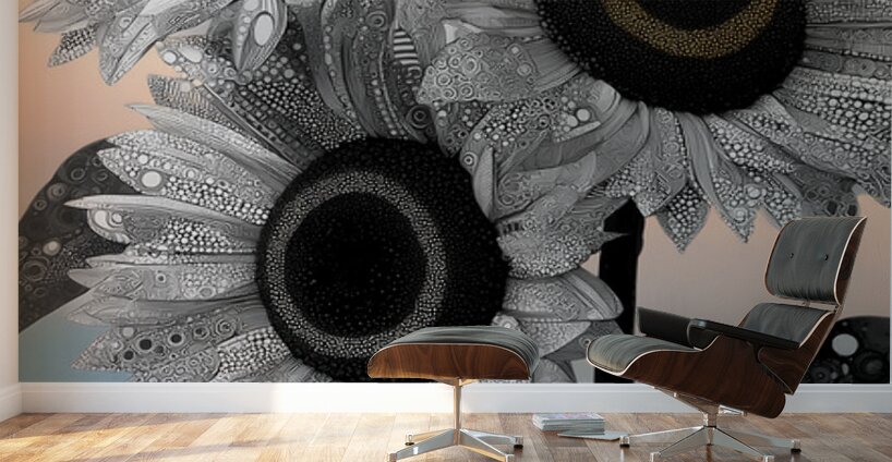Ink & Ivory Sunflowers – Black & White Floral Art Print Wall Murals