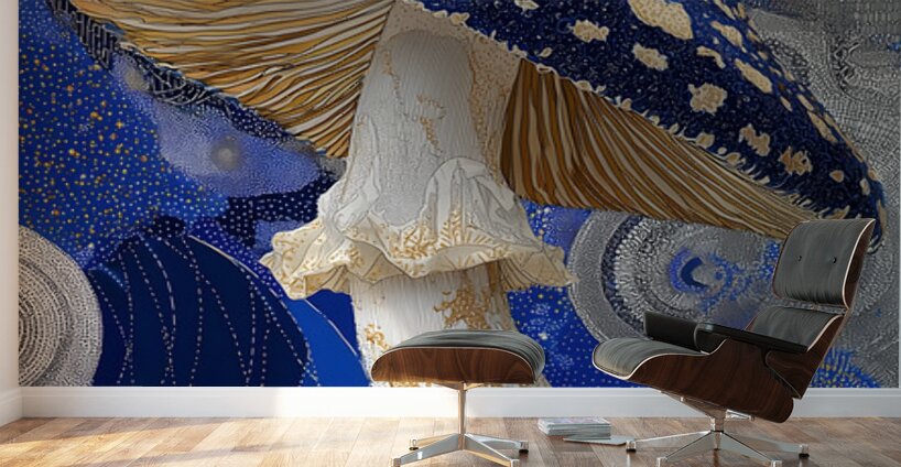 Celestial Cap – Blue Cosmic Mushroom Abstract Print Wall Murals