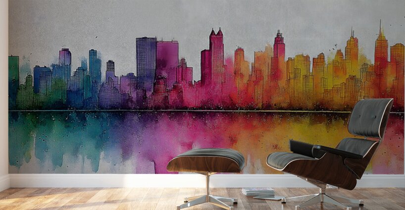 Aurora Skyline – Watercolor Cityscape Abstract Print Wall Murals