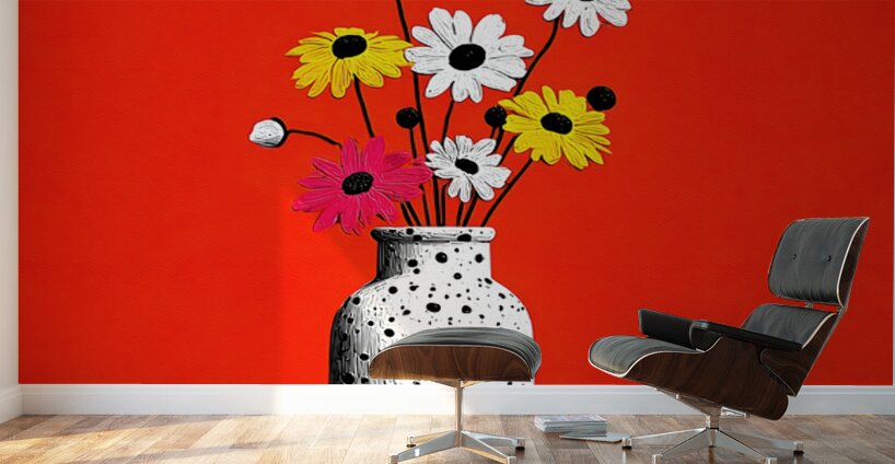 Polka Bloom – Retro Daisy Vase Print Wall Murals
