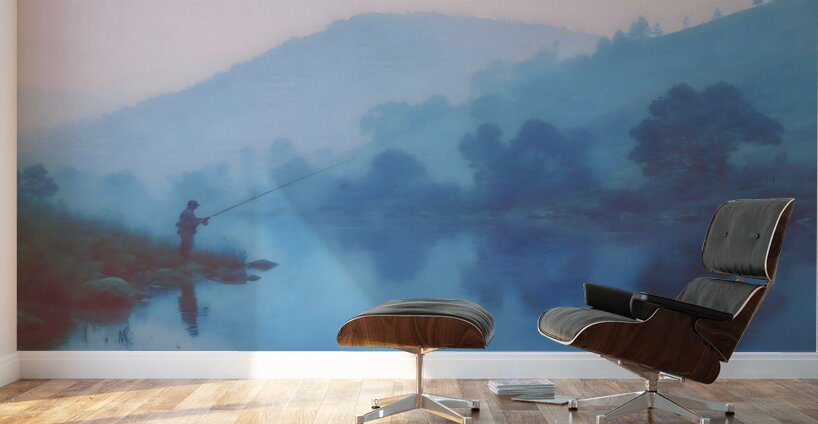 Morning Stillness – Misty Lake Fishing Print Wall Murals