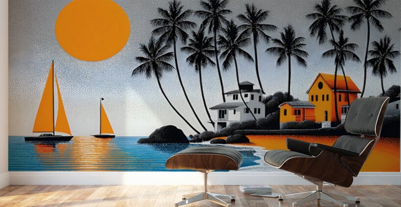 Orange Sun Harbor - Tropical Modern Print Wall Murals