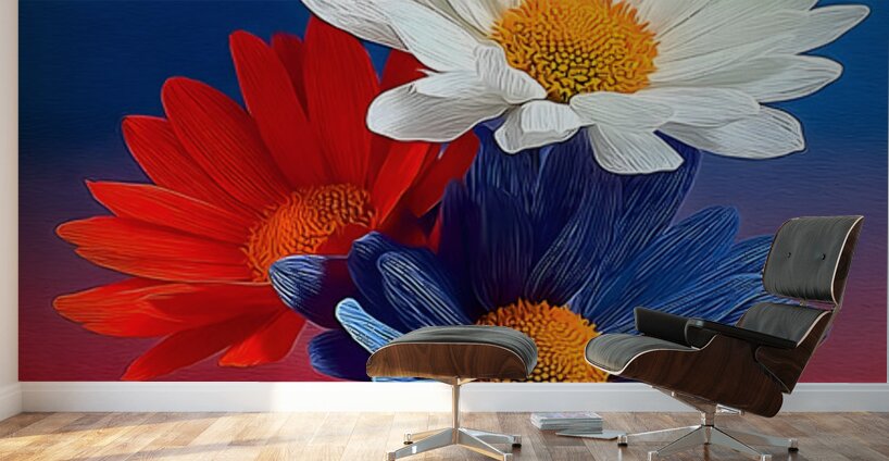 Patriotic Daisies – Red White Blue Floral Print Wall Murals