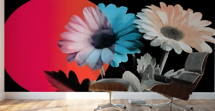 Neon Bloom Eclipse – Retro Daisy Pop Art Print Wall Murals