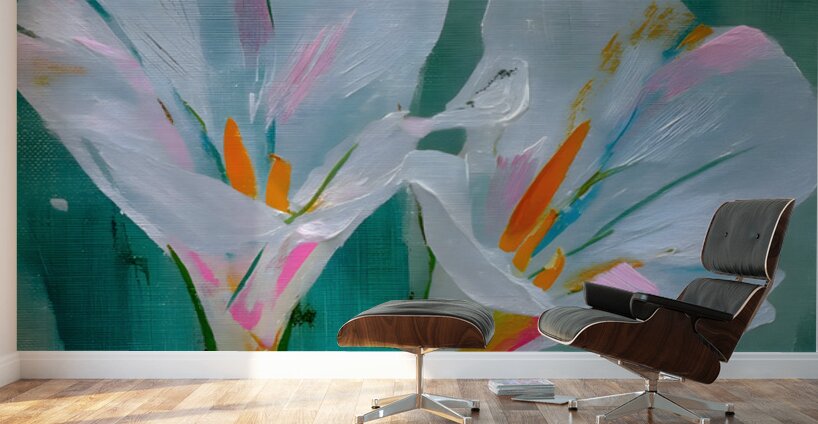 Twin Irises – Minimalist White Iris Flower Art Print Wall Murals