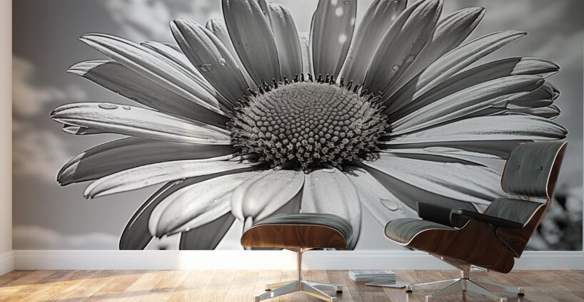 Sky Whisper – Monochrome Daisy Under Clouds Wall Murals