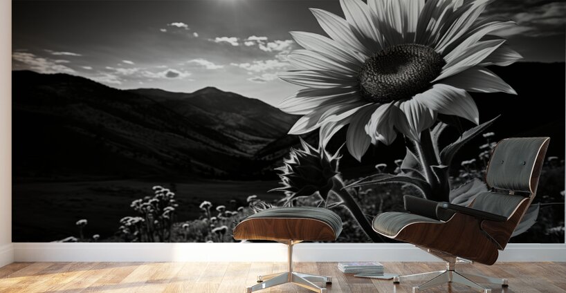 Moonlit Bloom – Night Flower Monochrome Print Wall Murals
