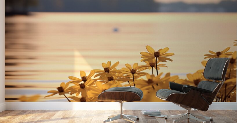 Golden Hour Bloom – Warm Sepia Sunflower Landscape Print Wall Murals