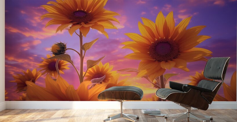 Skyscape Sunflowers – Purple Sunset Botanical Print Wall Murals