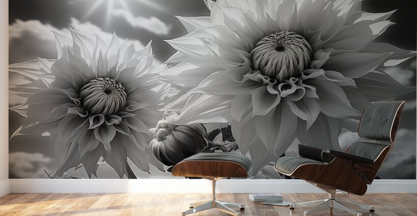 Silver Petals – Black & White Daisy Art Print Wall Murals
